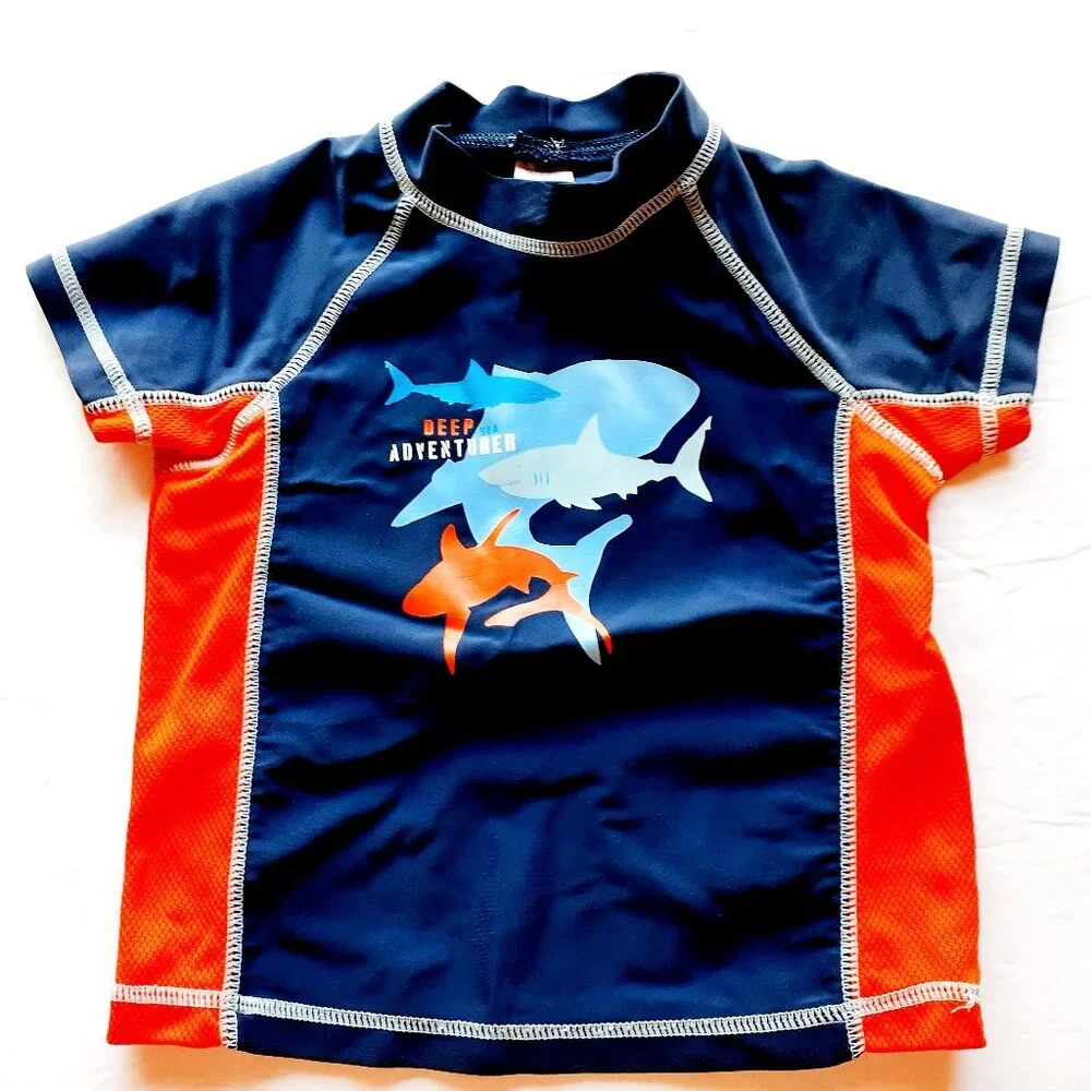 Carter's Boys Rash Guard Shark Blue Orange Swim Top 3T